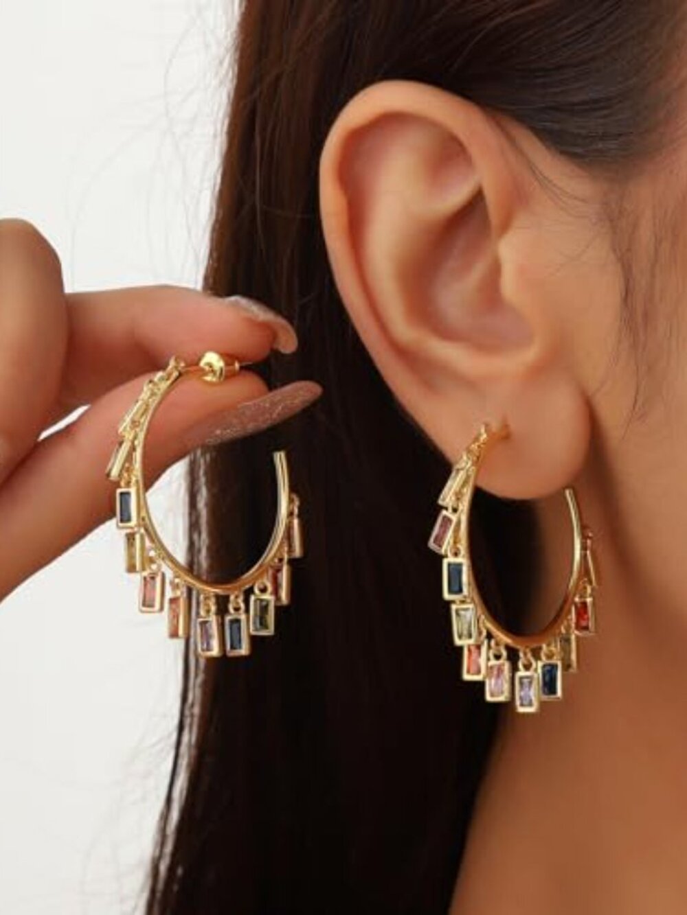 Colored Zircon Geometric Drip tassel Stud Ears 18K Gold Plated Round
